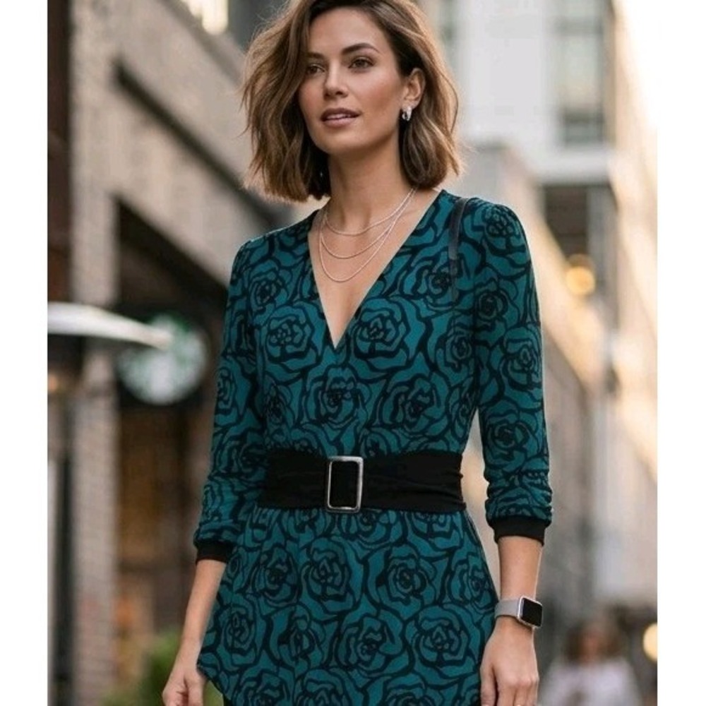 Vtg Apt 9 Stretch Woment's V-neck Top Sz Sm Teal Black Rose Floral Belt‎ Bow 90s